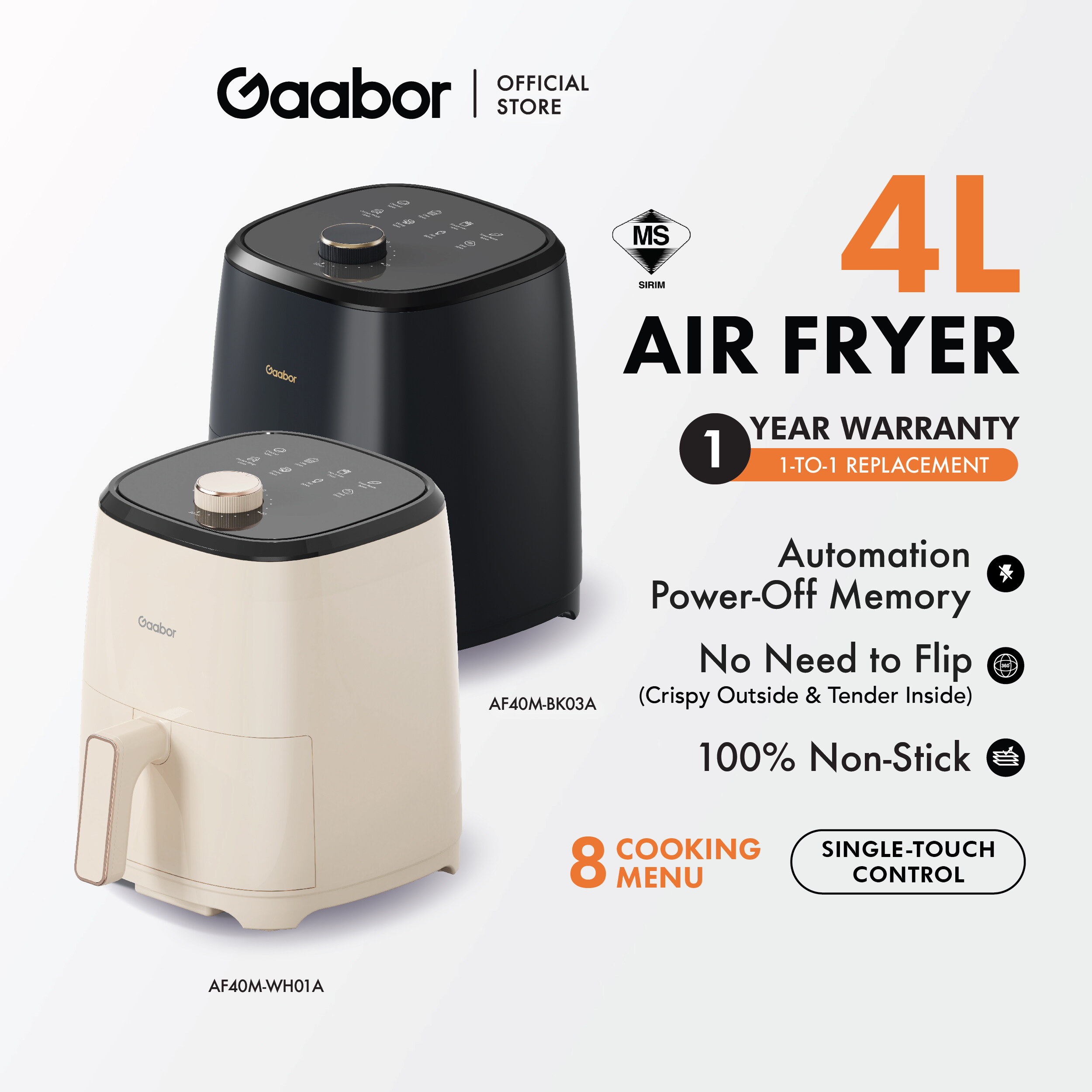 Gaabor 4L Air Fryer Low Watt 8 Menu Non-Stick Coating Oil-Free Frying Machine AF40M-WH01A